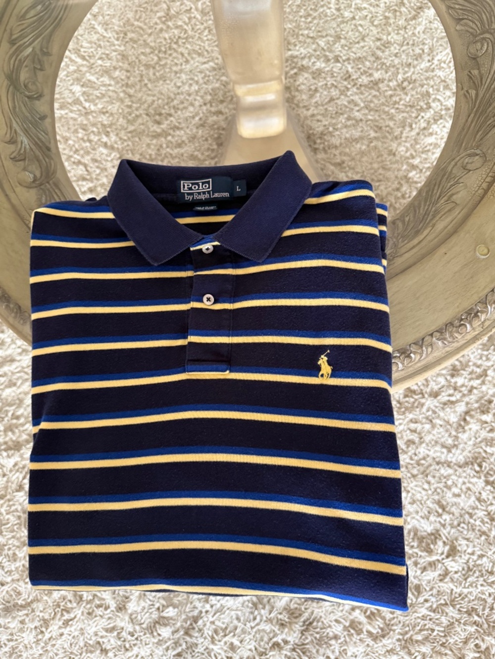 Polo Ralph Lauren Men's Large Blue/Yellow Striped Short Sleeve Cotton Polo Logo